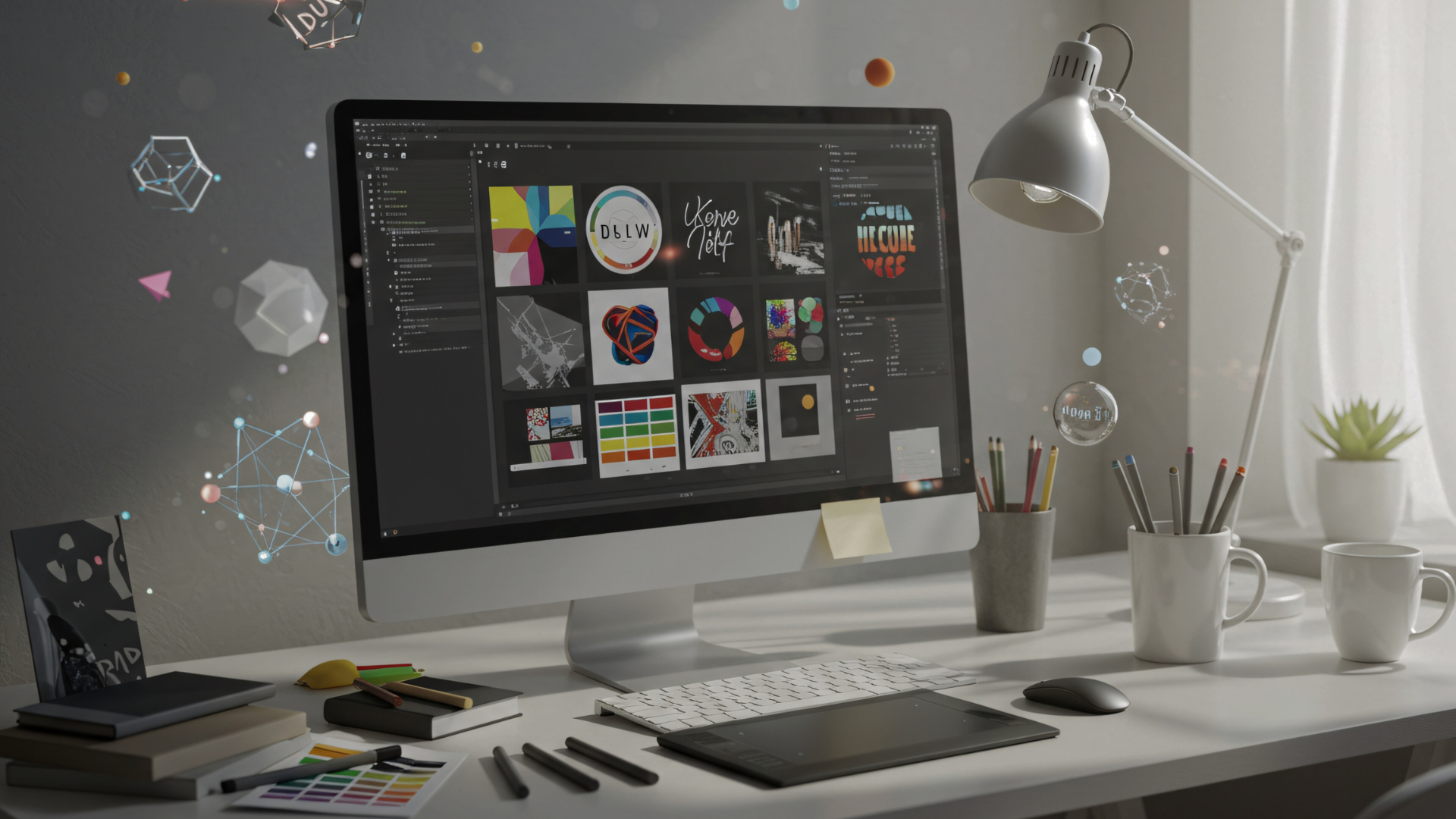 Escritorio con diseño gráfico en pantalla